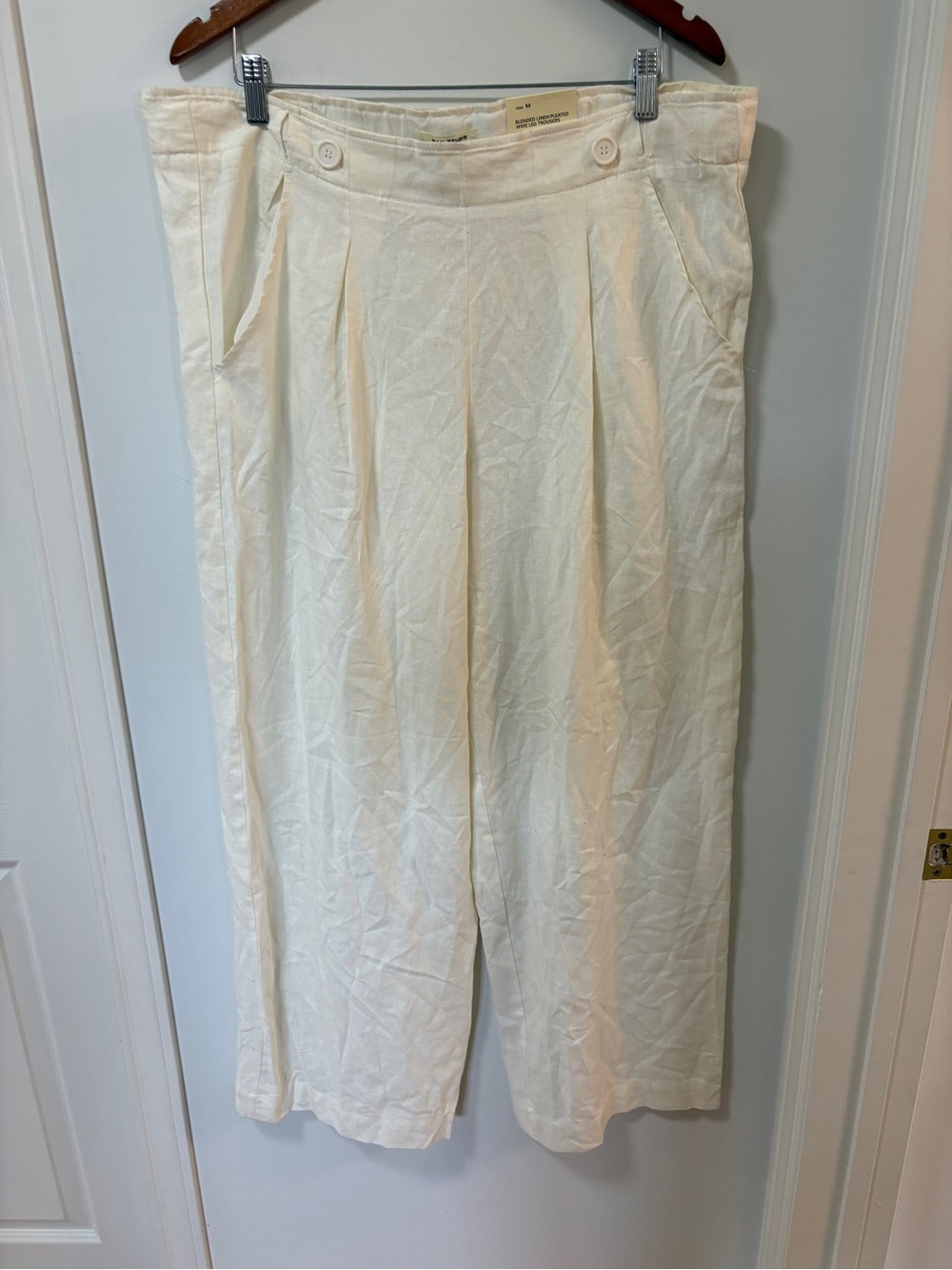 Max Studio Blended Linen Pleated Wide Leg Trousers Pull On Pant NWT Size M White